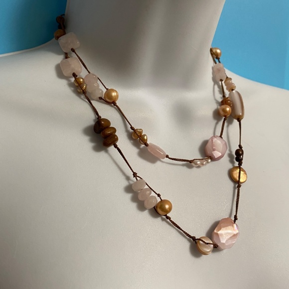 SILPADA Pearl Rose Quartz Mother of Pearl Beads Silk Knotted Long Necklace - Picture 4 of 7